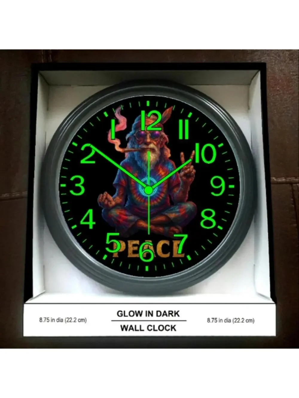 Peace Hippie Flower Power Reverse Ticking Good Leaf Glow In The Dark Wall Clock
